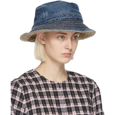 Shop Ganni Blue Denim Teddy Bucket Hat In 630 Denim