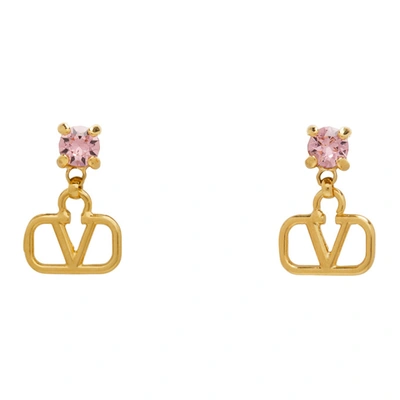 Shop Valentino Gold And Pink  Garavani Crystal Vlogo Pendant Earrings In 0v3 Gold/light Rose