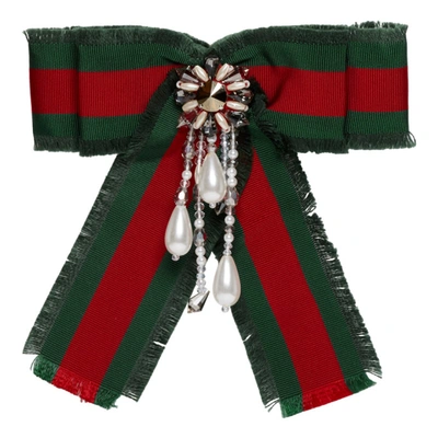 Shop Gucci Red & Green Striped Ribbon Brooch In 9152 Redgre