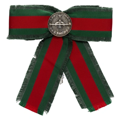 Shop Gucci Red & Green Striped Ribbon Brooch In 9152 Redgre