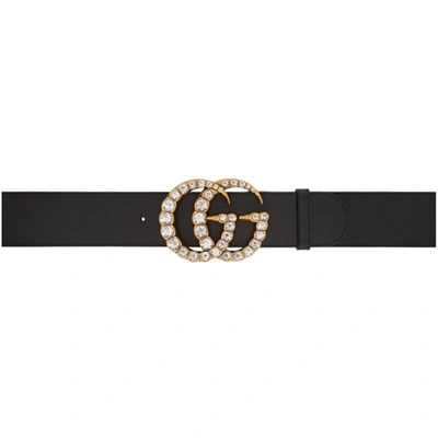 Shop Gucci Black Wide Leather Gg Crystal Belt
