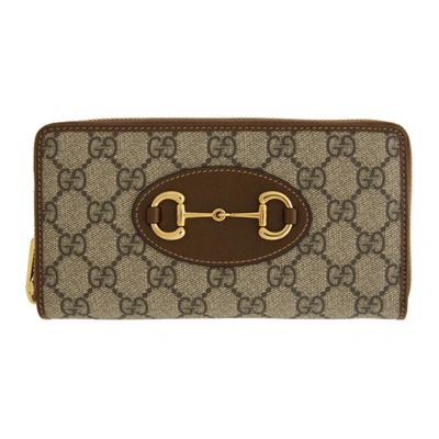 Shop Gucci Beige & Brown Gg Supreme ' 1955' Horsebit Zip Around Wallet In 8563 Brown