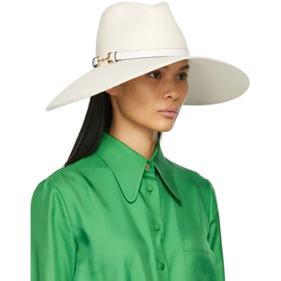 Shop Gucci White Felt Wide Brim Horsebit Panama Hat In 9077 White