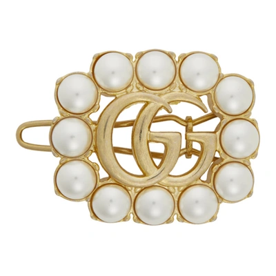 Shop Gucci Gold Pearl Double G Hair Slide In 8490 Gold