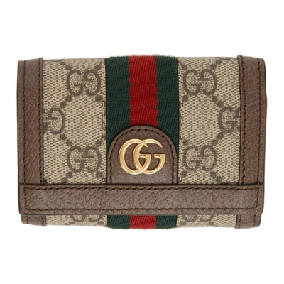 Shop Gucci Brown & Beige Gg Ophidia Flap Wallet In 8745 Brown/beige