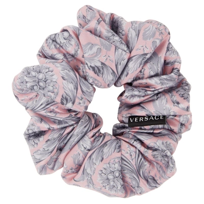 Shop Versace Pink & Grey Barocco Scrunchie In A7247 Rosa