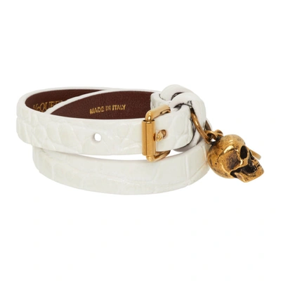 Shop Alexander Mcqueen White Croc Double Wrap Bracelet In Deep Ivory