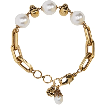 Shop Alexander Mcqueen Gold Pearl & Skull Bracelet In 4039 Mix