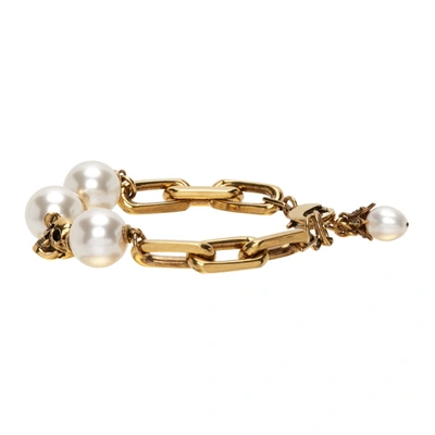 Shop Alexander Mcqueen Gold Pearl & Skull Bracelet In 4039 Mix