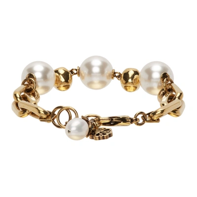 Shop Alexander Mcqueen Gold Pearl & Skull Bracelet In 4039 Mix