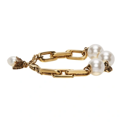 Shop Alexander Mcqueen Gold Pearl & Skull Bracelet In 4039 Mix