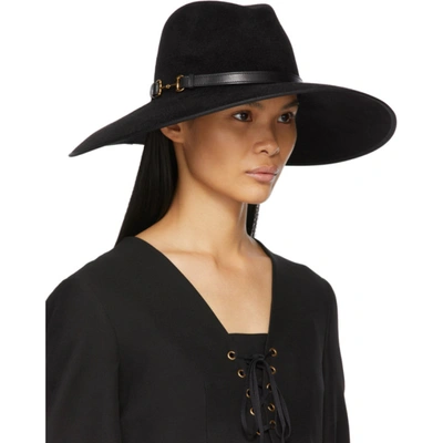 Shop Gucci Black Felt Wide Brim Horsebit Panama Hat In 1060 Black