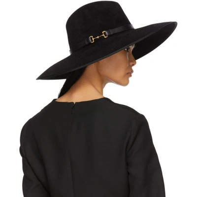 Shop Gucci Black Felt Wide Brim Horsebit Panama Hat In 1060 Black