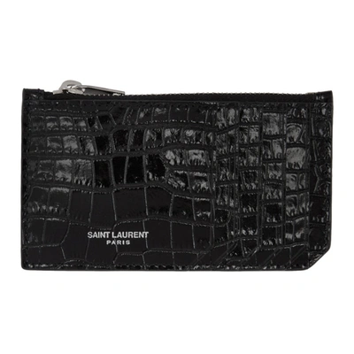 Shop Saint Laurent Black Croc Fragment Zipped Card Holder In 1000 Black