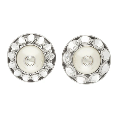 Shop Gucci Silver Crystal & Pearl Interlocking G Earrings In 8521 Grey