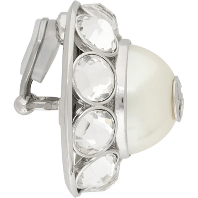 Shop Gucci Silver Crystal & Pearl Interlocking G Earrings In 8521 Grey