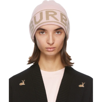 Shop Burberry Pink Cashmere Logo Beanie In Candy