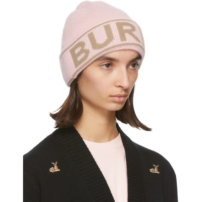 Shop Burberry Pink Cashmere Logo Beanie In Candy