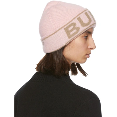 Shop Burberry Pink Cashmere Logo Beanie In Candy