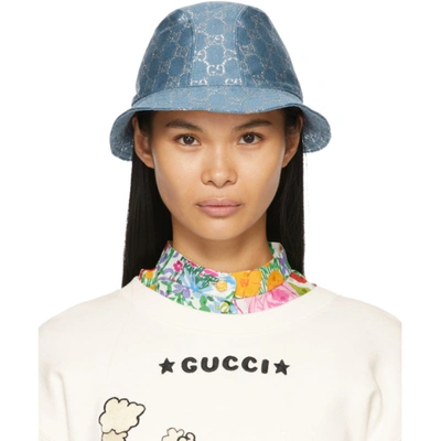 Shop Gucci Blue Lamé Gg Bucket Hat In 4600 Turquoise