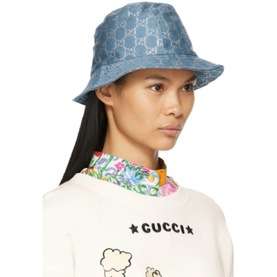 Shop Gucci Blue Lamé Gg Bucket Hat In 4600 Turquoise