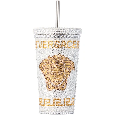 Shop Versace White & Gold Medusa Crystal Travel Cup, 16 oz In Z4048 Bianco-oro