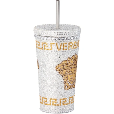 Shop Versace White & Gold Medusa Crystal Travel Cup, 16 oz In Z4048 Bianco-oro