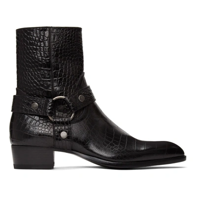 Shop Saint Laurent Black Croc Wyatt Harness Boots In 1000 Nero