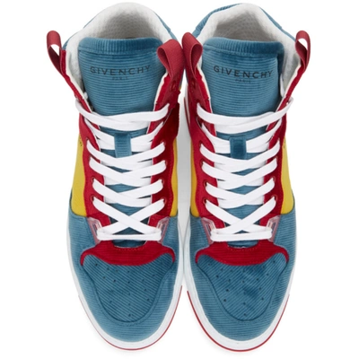 Shop Givenchy Blue & Yellow Ribbed Velvet Three-toned Wing Sneakers In 969-blue/ye