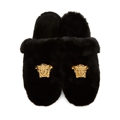 Shop Versace Black Faux-fur Palazzo Slippers In Z1008 Black