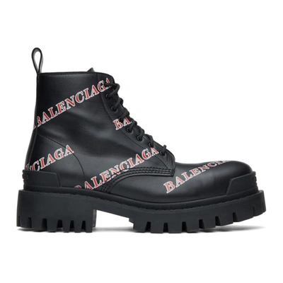 Shop Balenciaga Black And Red Allover Logo Strike Boots In 1060black/