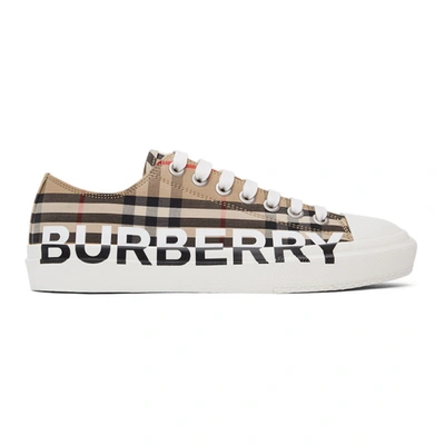 Shop Burberry Beige Check Logo Larkhall Sneakers