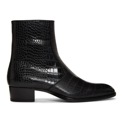 Shop Saint Laurent Black Croc Wyatt Zip Boots In 1000 Nero