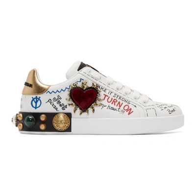 Shop Dolce & Gabbana White Heart Graffiti Portofino Sneakers In 8i049 Biaor