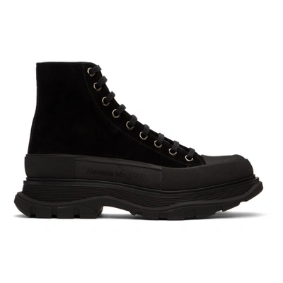 Shop Alexander Mcqueen Black Suede Tread Slick High-top Sneakers In 1081 Blk/bl