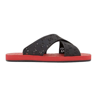 Shop Gucci Black & Red Gg Slide Sandals In 1000 Black