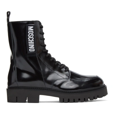 Shop Moschino Black Logo Tab Combat Boots In 000