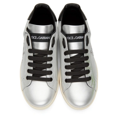 Shop Dolce & Gabbana Silver & Black Writing Portofino Sneakers In H12lx Dolce