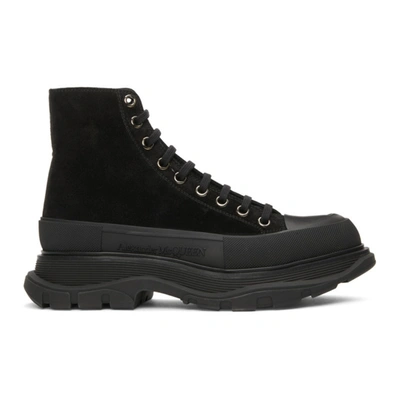Shop Alexander Mcqueen Black Suede Tread Slick High Boots In 1081blk/blk
