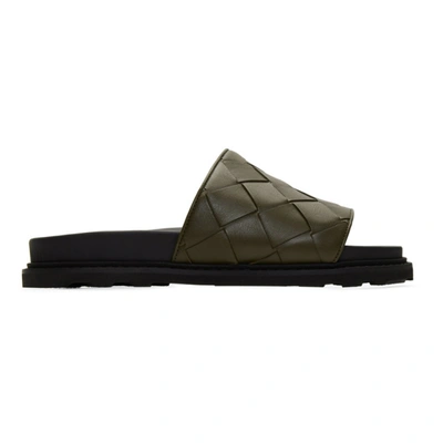 Shop Bottega Veneta Green Intrecciato Pool Slides In Khaki