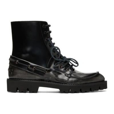 Shop Maison Margiela Black Leather Lace-up Boots In Grey/black