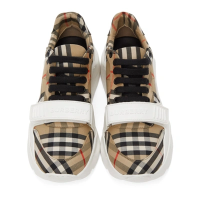 Shop Burberry Beige Check Regis Sneakers