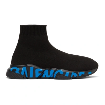 Shop Balenciaga Black And Blue Graffitti Sole Speed High-top Sneakers In 1140 Blkblu
