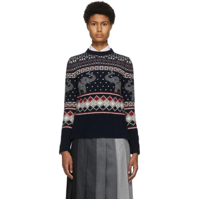 Shop Thom Browne Navy Wool & Mohair Elephant Icon Fair Isle Sweater In 960 Rwbwht