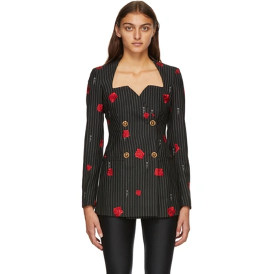 Shop Versace Black Floral Double-breasted Blazer In A4335 Bianc