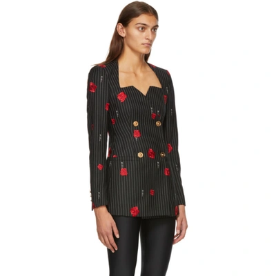 Shop Versace Black Floral Double-breasted Blazer In A4335 Bianc