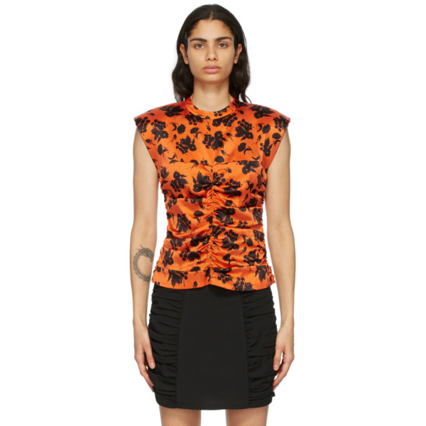 Ganni Floral Print Ruched Stretch Silk Satin Sleeveless Top In Orange |  ModeSens