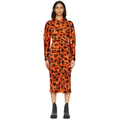 Shop Ganni Orange & Black Silk Fitted Dress In 307 Flame