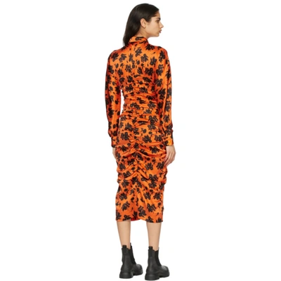 Shop Ganni Orange & Black Silk Fitted Dress In 307 Flame