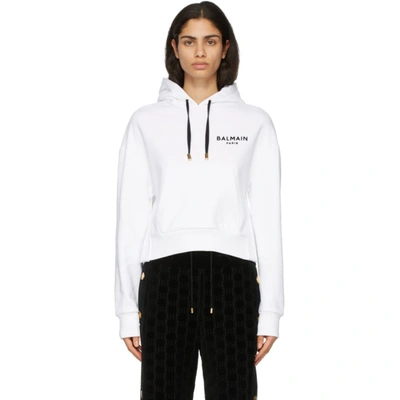 Shop Balmain White Flocked Logo Hoodie In Gab Wh/blk